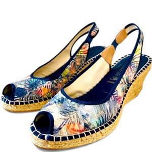 La Maison De L'Espadrille Shoe Wedge Blue Floral Sz 40 US Sz9 Open Toe Slingback